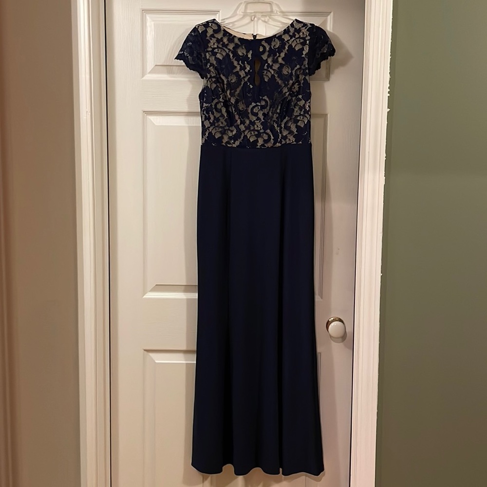 Navy blue, lace top maxi dress.